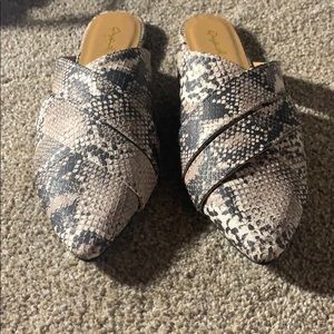 Faux snakeskin mules
